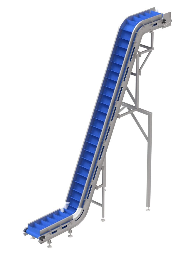 Stainless steel incline profile conveyor system transporting food products upward along a processing line.
