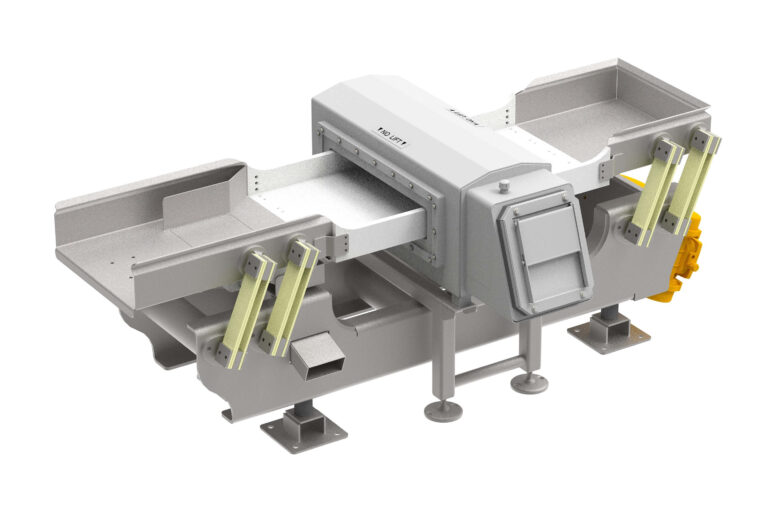 Industrial metal detection conveyor system with stainless steel construction, designed for food processing applications.