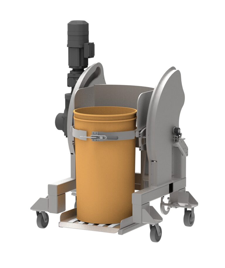 Industrial two-stage drum barrel dumper system designed for efficient bulk material handling.
