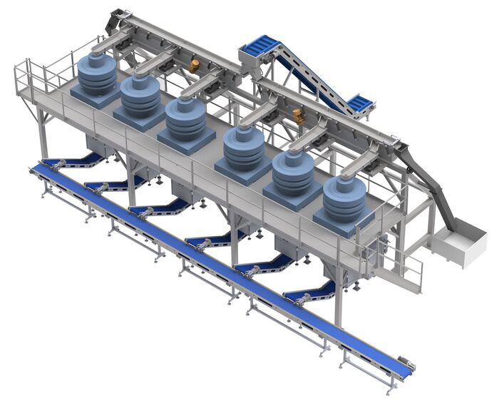 Automated pack-off system with conveyors and sealing equipment for efficient product packaging.
