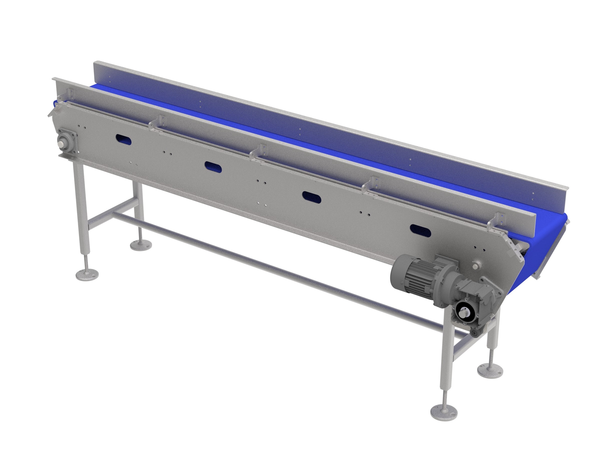 Stainless steel nose-bar belt conveyor with a tight-radius end for smooth product transfer between conveyors.