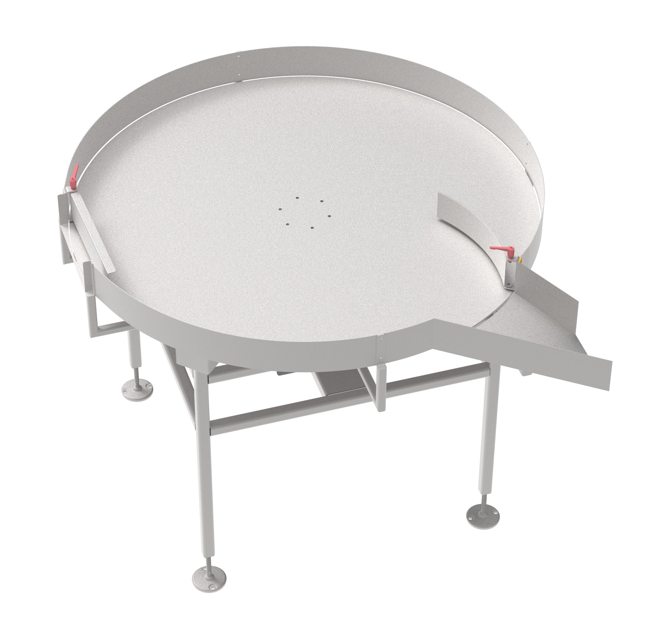 Stainless steel accumulation turntable for collecting and organizing products in a processing line.