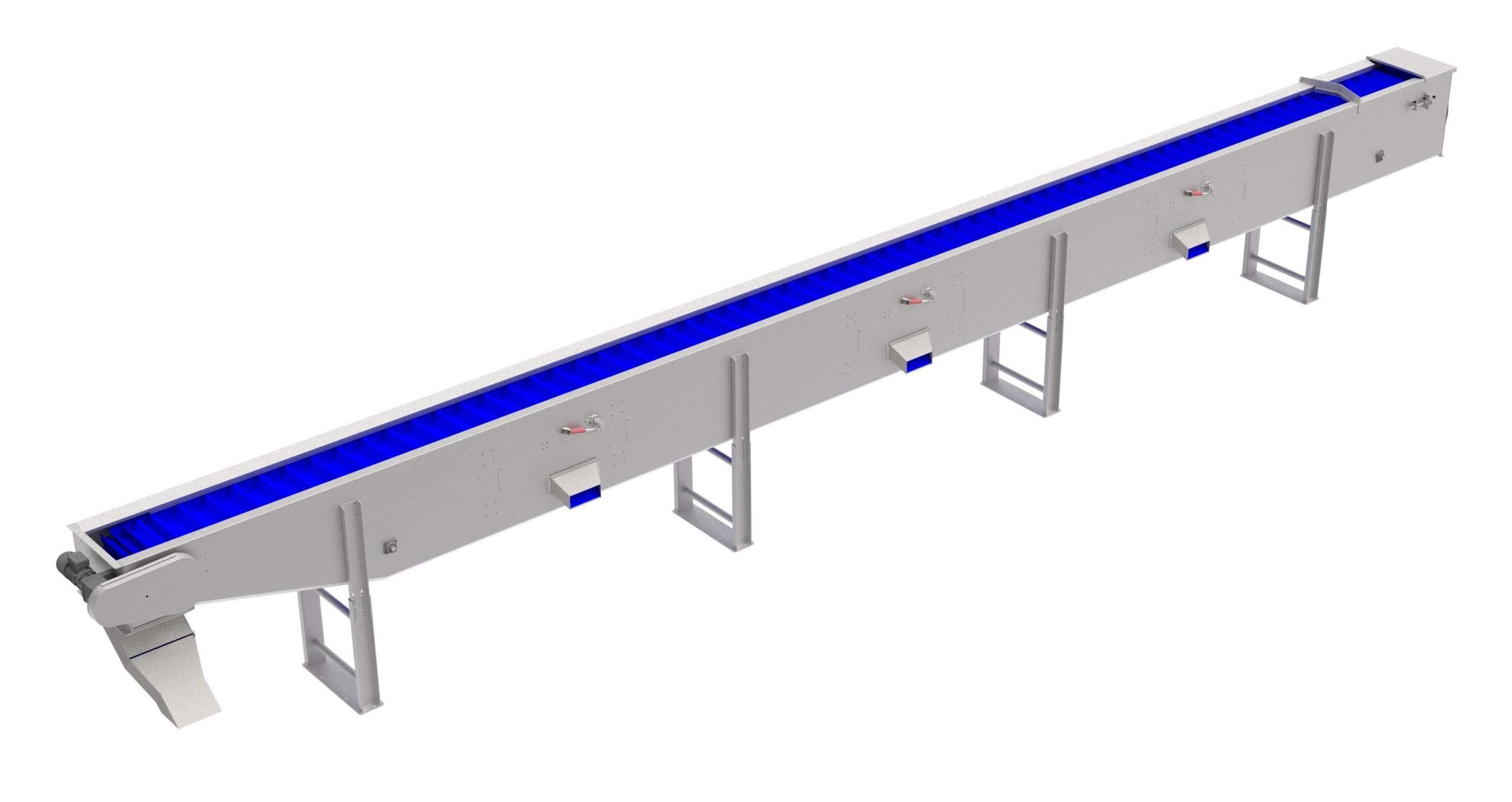 Stainless steel bucket distribution conveyor system transporting bulk materials in a food processing facility.