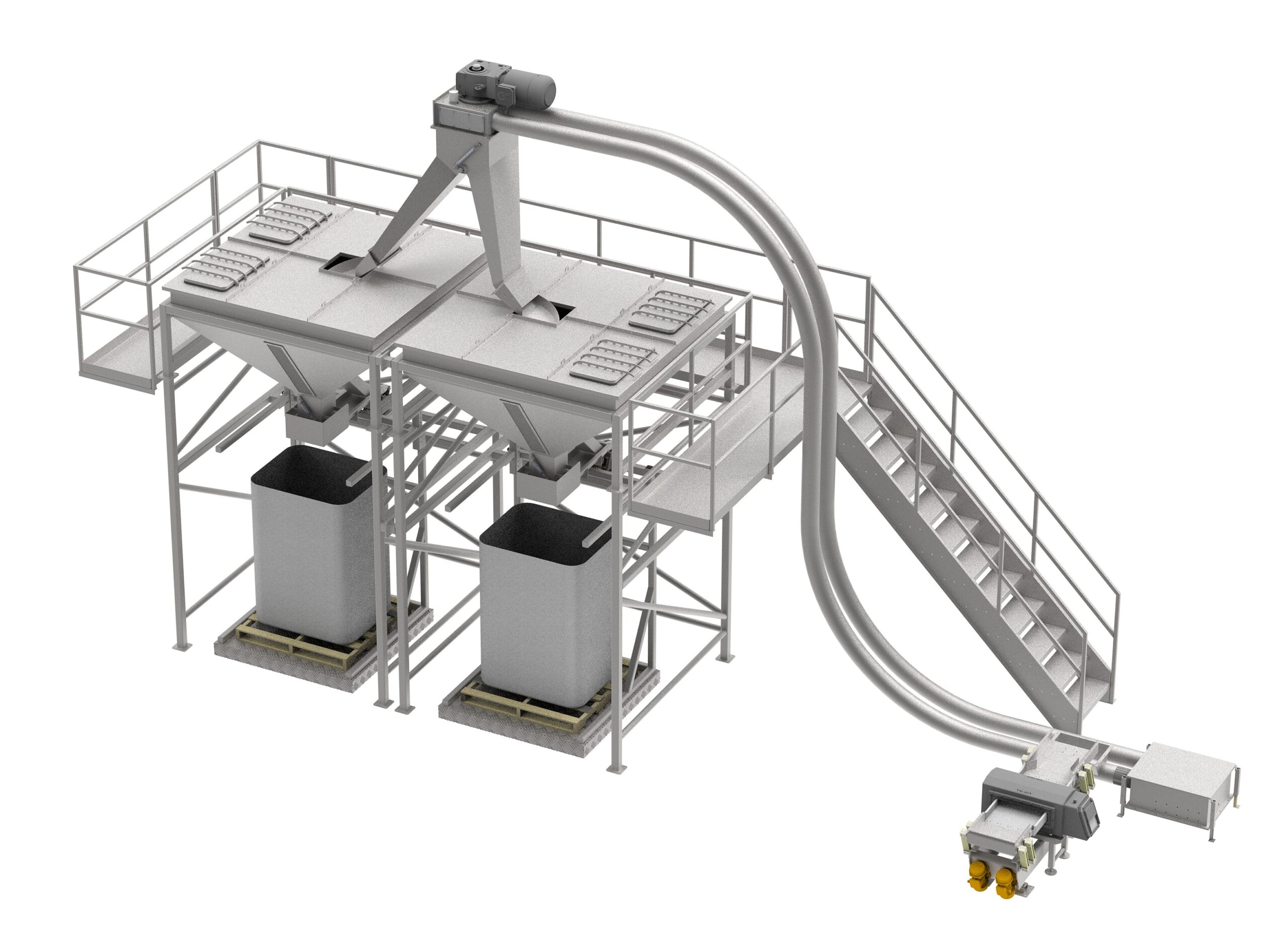 Industrial bulk filling and weighing system designed for high-capacity food processing operations.