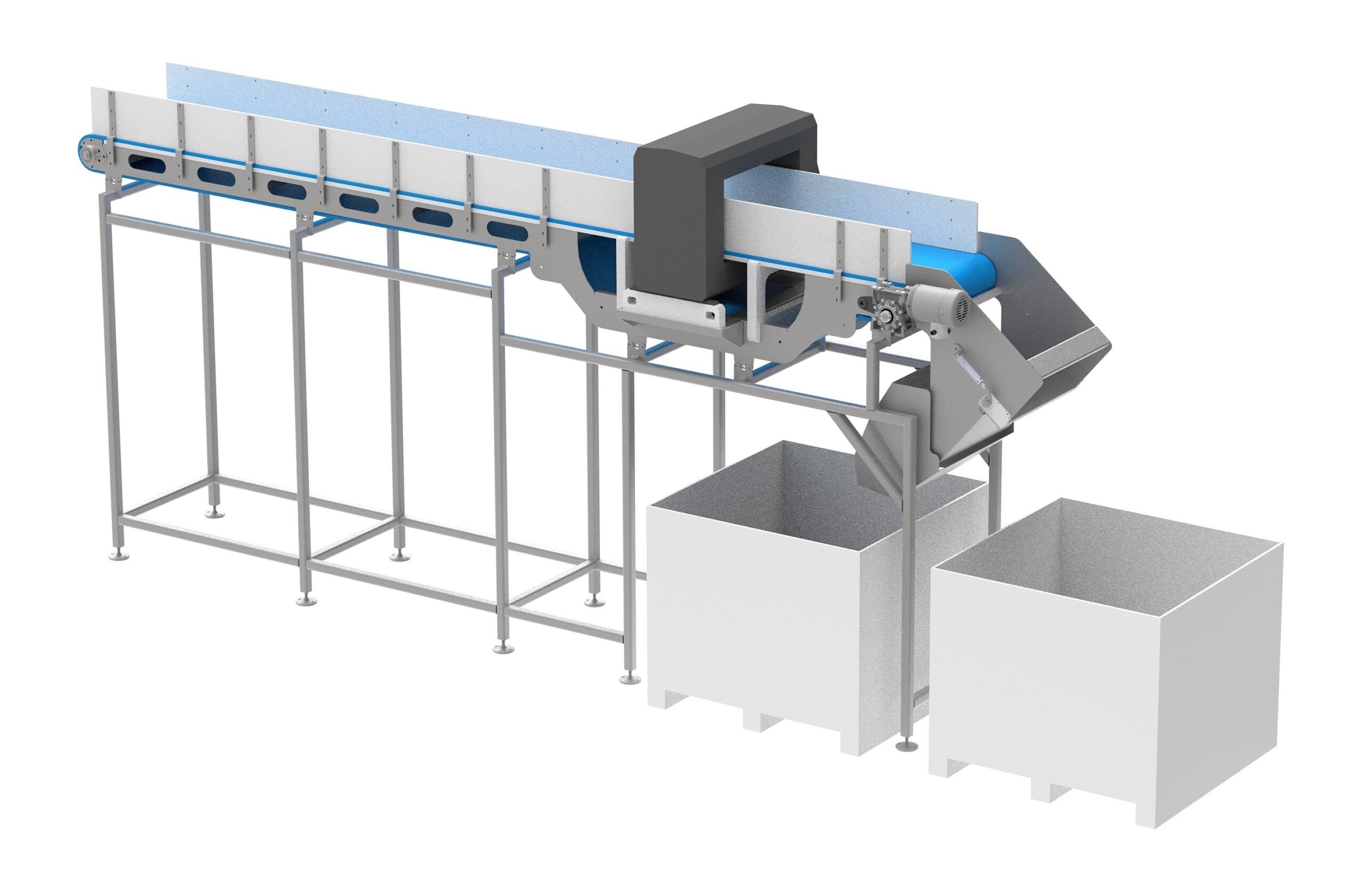 Industrial metal detecting conveyor system with stainless steel construction, designed for detecting and removing metal contaminants in food processing lines.