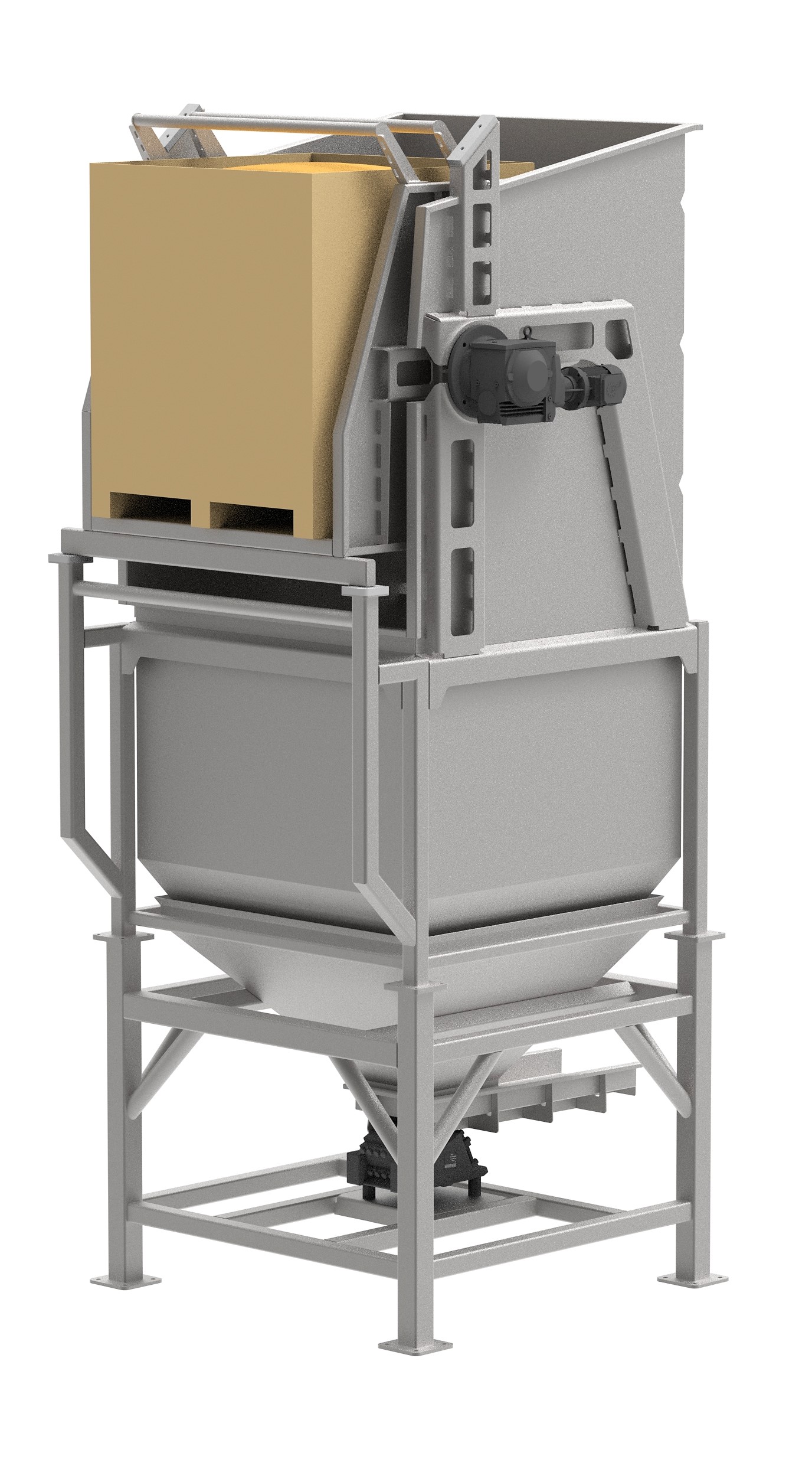 Overhead center pivot bin dumper system designed for efficient bulk material handling in industrial settings.