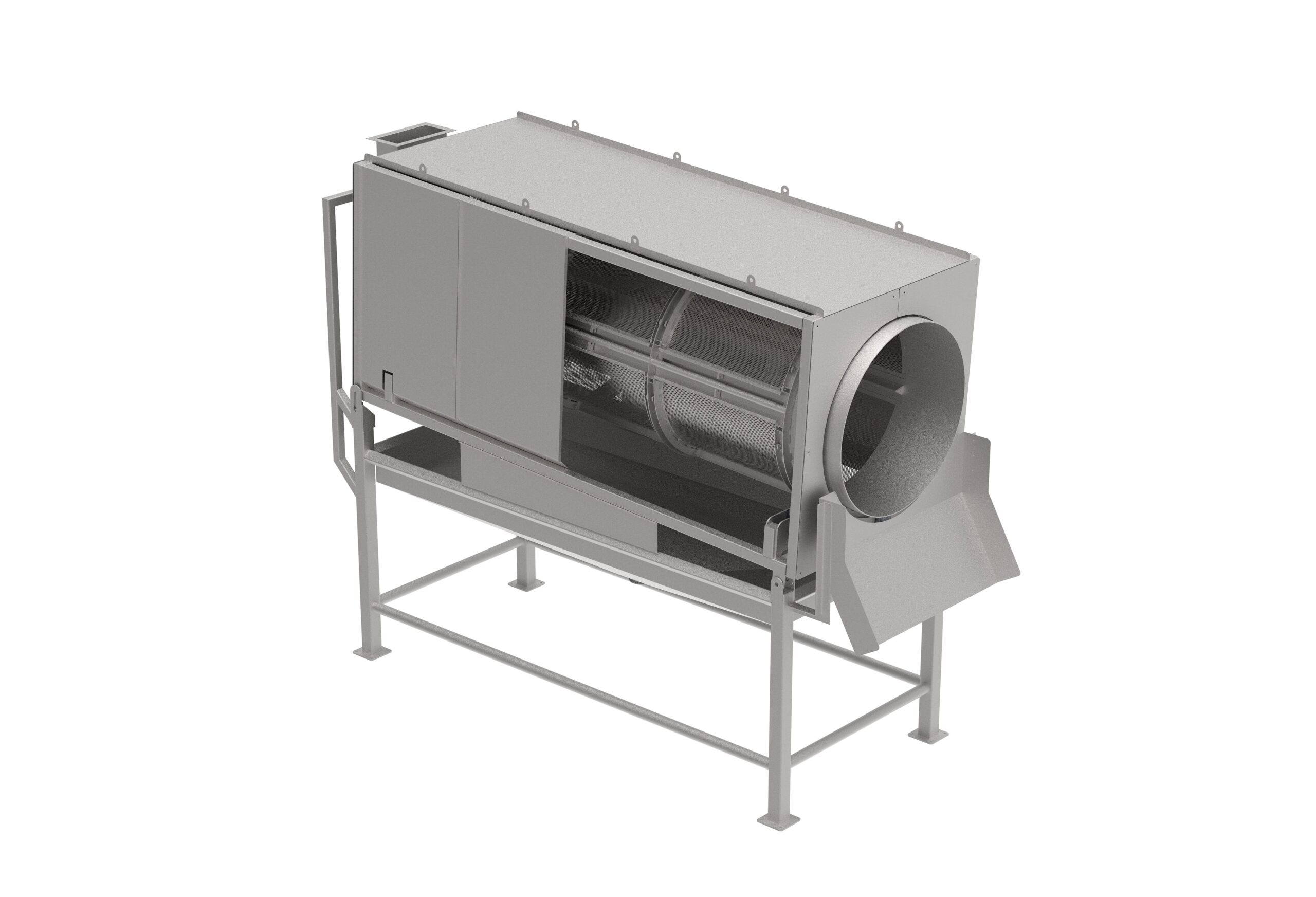 Industrial rinsing and de-watering tumbler designed for high-capacity food processing.​