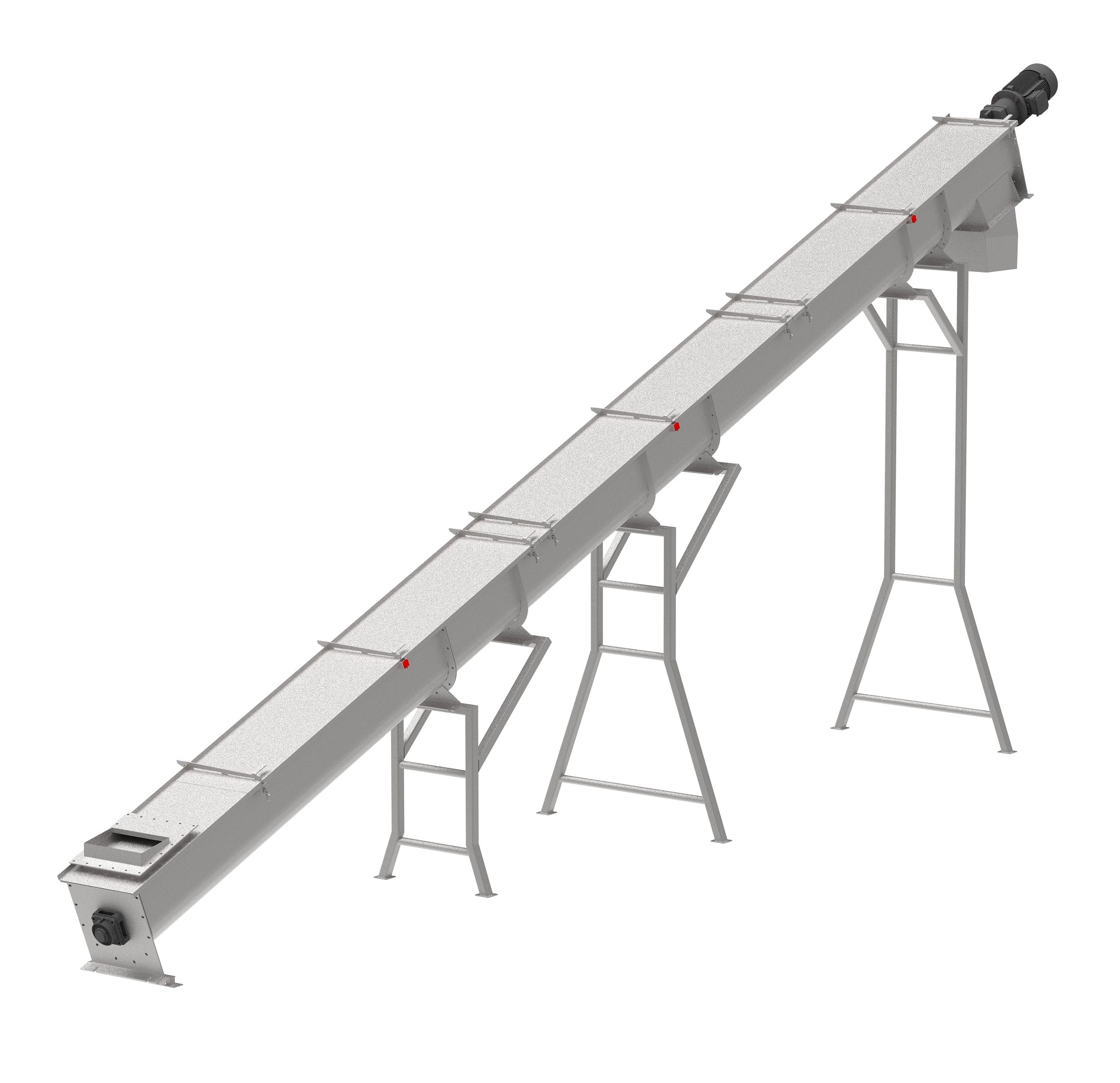 Stainless steel screw conveyor transporting bulk materials in a food processing facility.