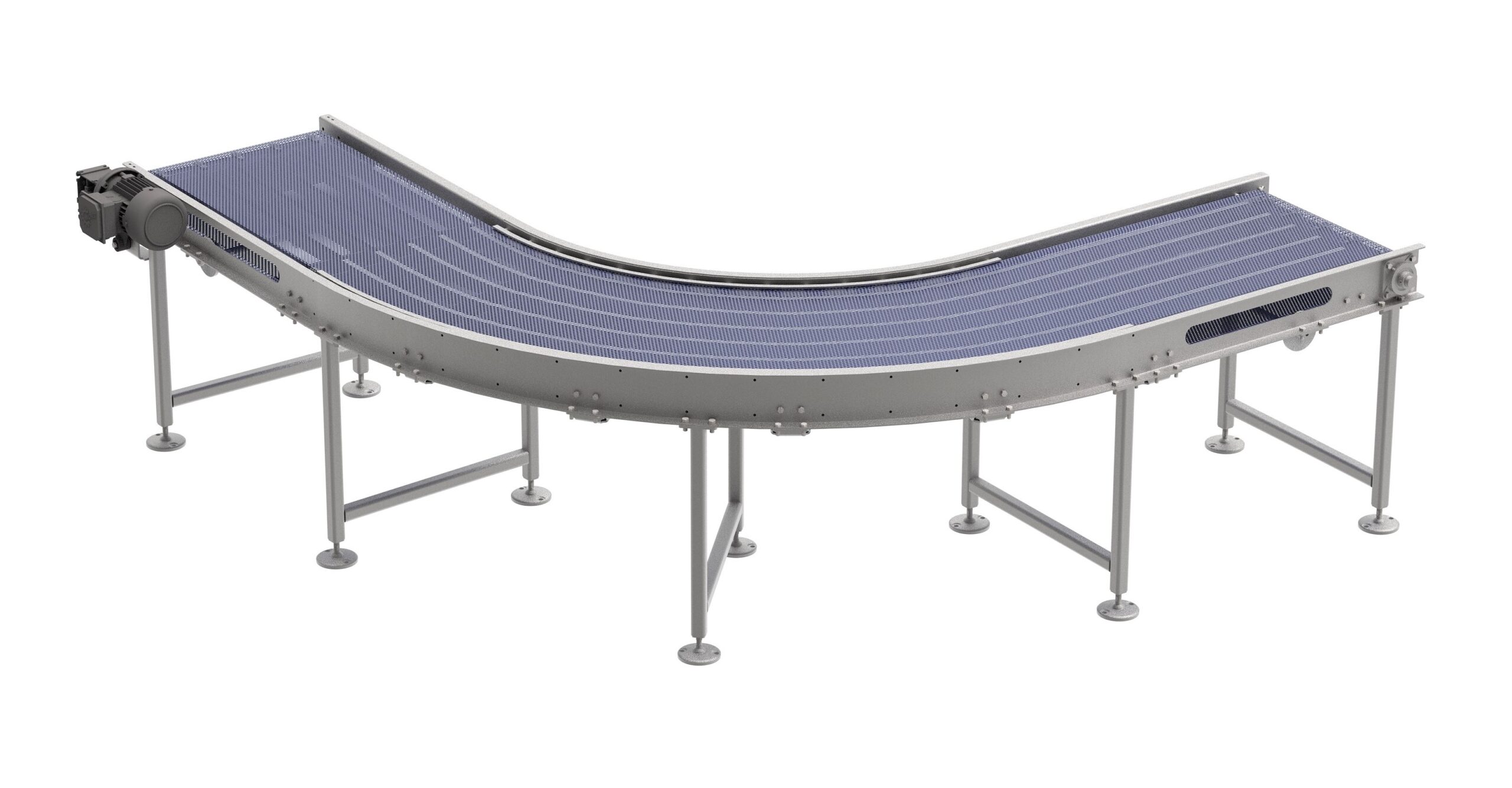 Stainless steel conveyor system with straight, curved, and U-turn sections for efficient material handling.