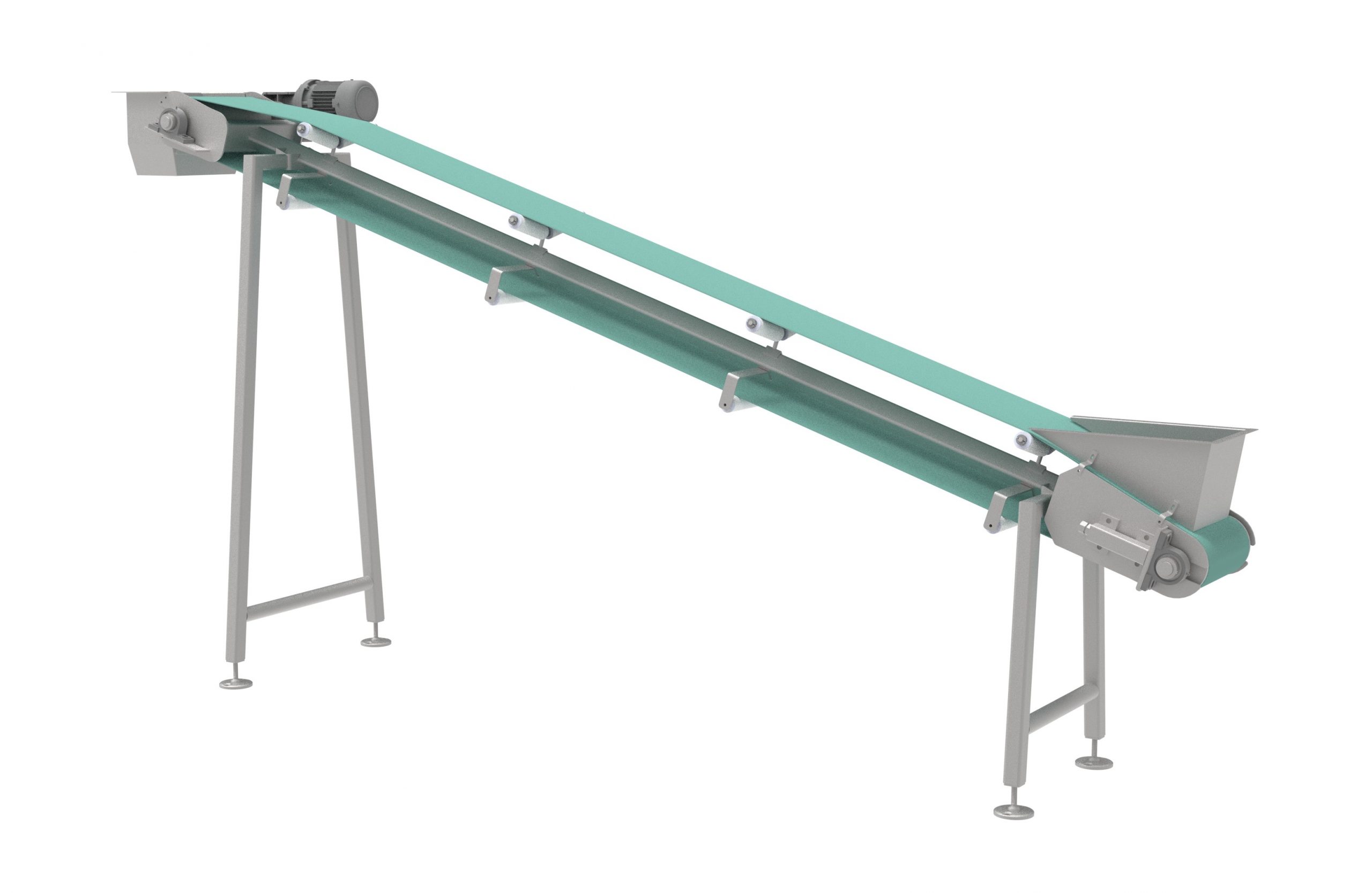 Stainless steel V-trough conveyor system transporting bulk food materials in a processing facility.