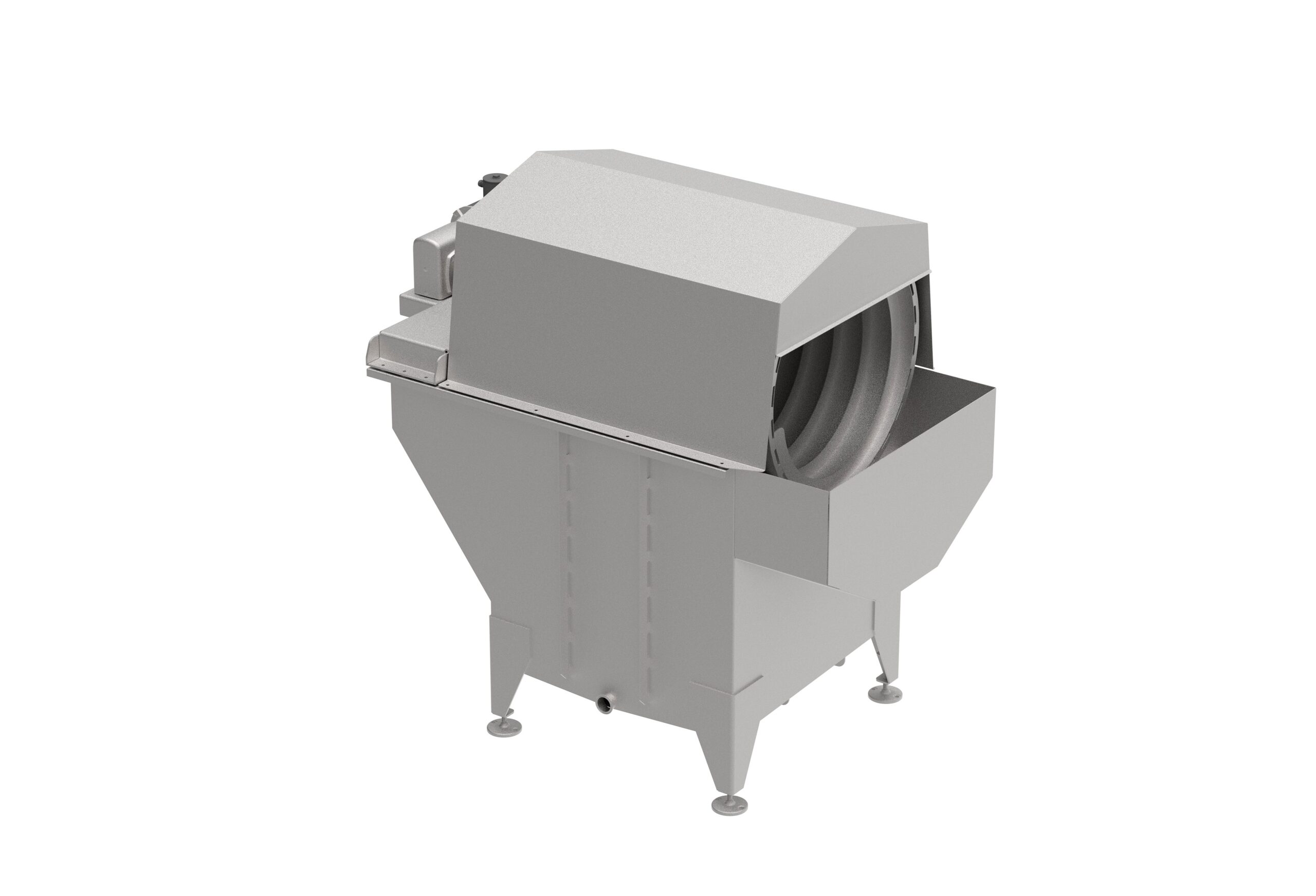 Stainless steel water reclaim reel system designed for efficient water recovery in food processing operations.