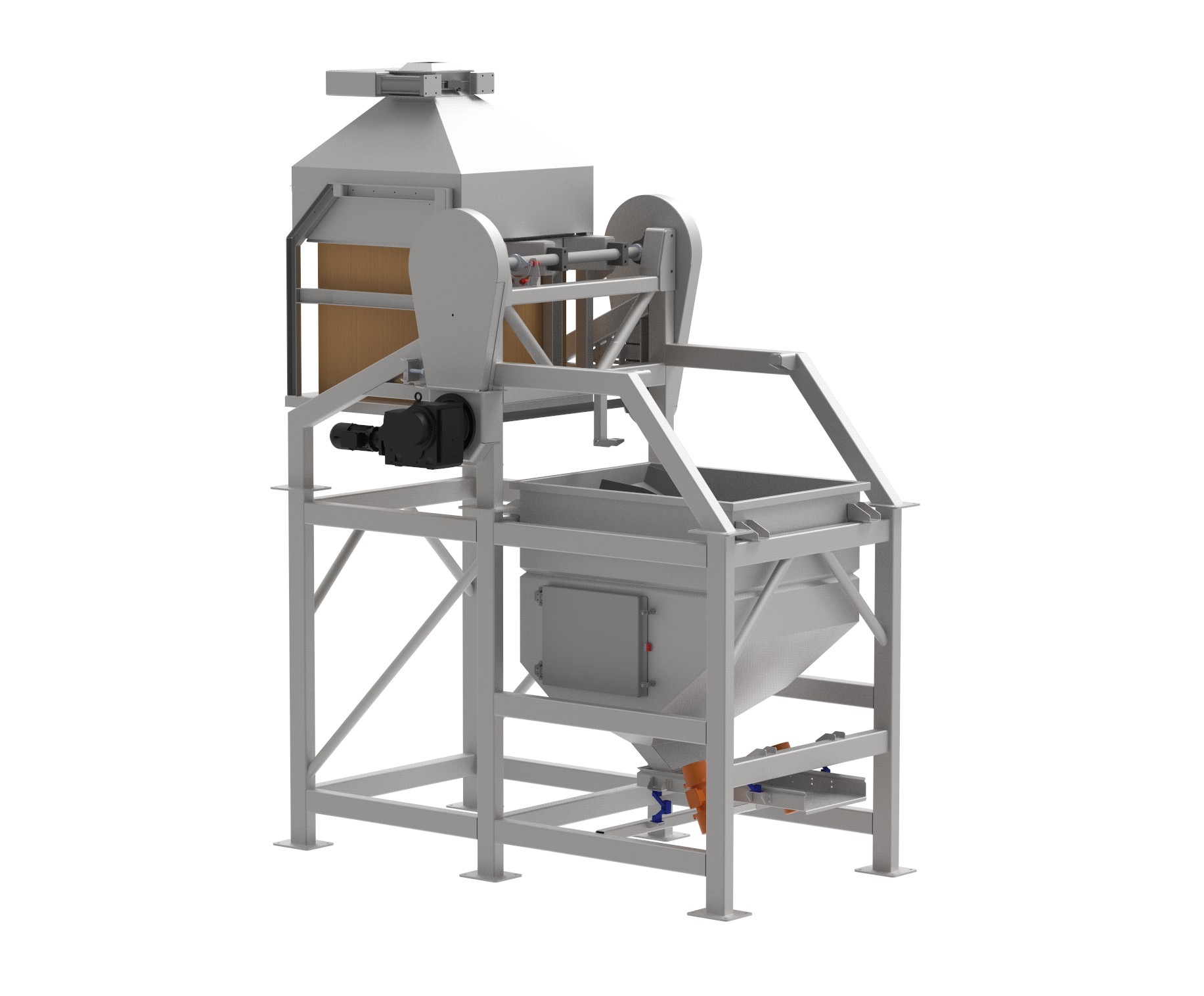 180 degree gentle dump system for controlled bulk material handling in food processing lines